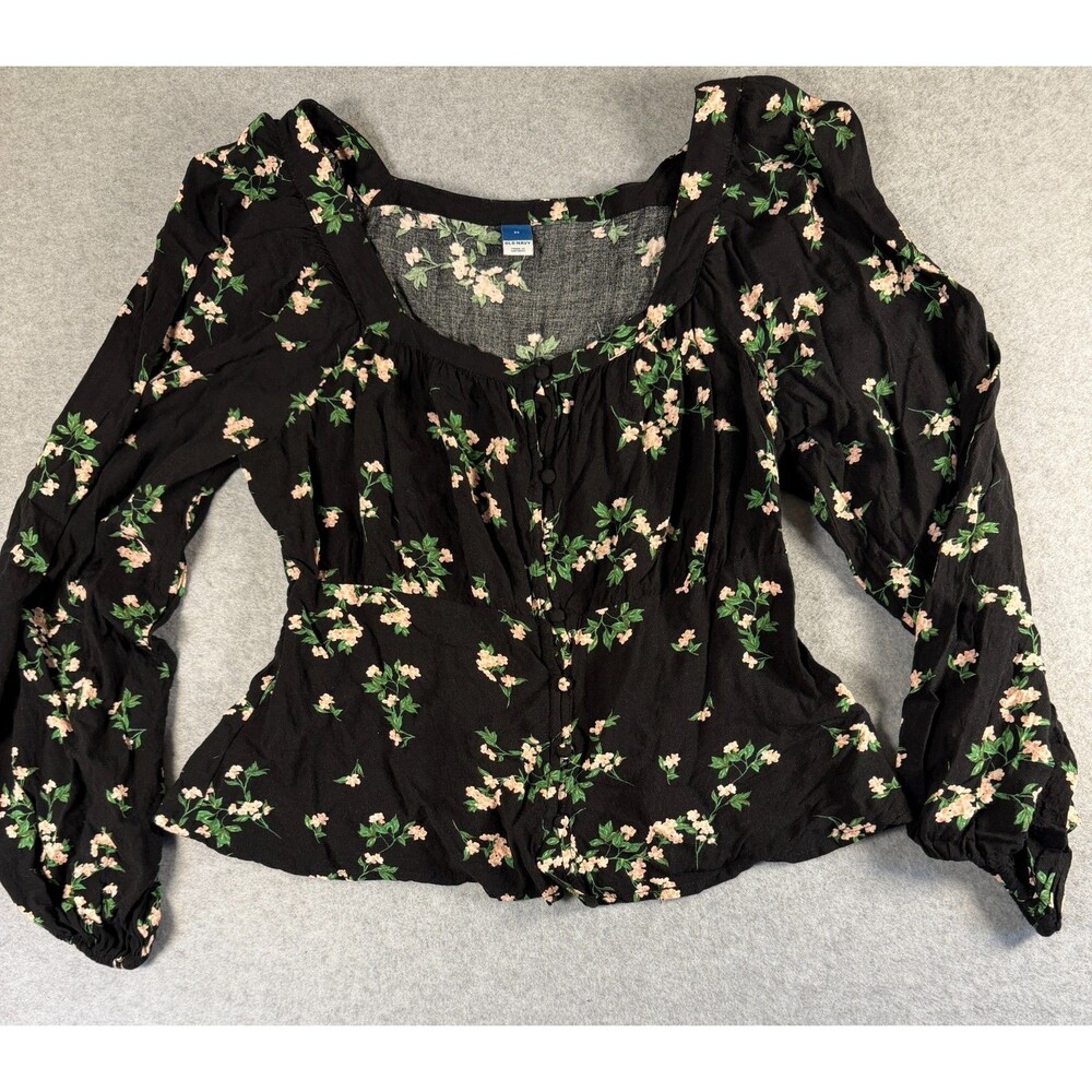Old Navy Baby Doll Cropped Black Floral Top Balloon Sleeve, Buttons Sz M SKU 170